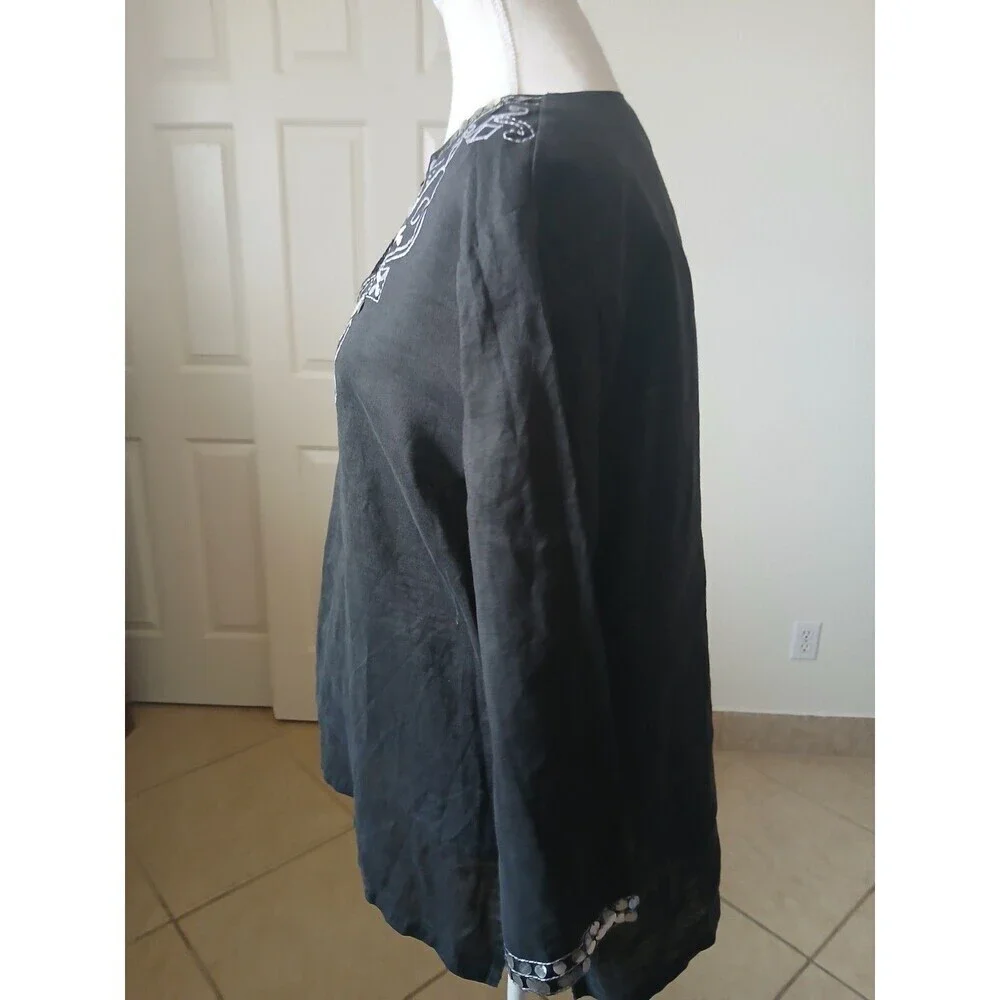 Morgan Cole Womens Blouse Tunic Black Embroidery‎ Sequin V-neck Size XL